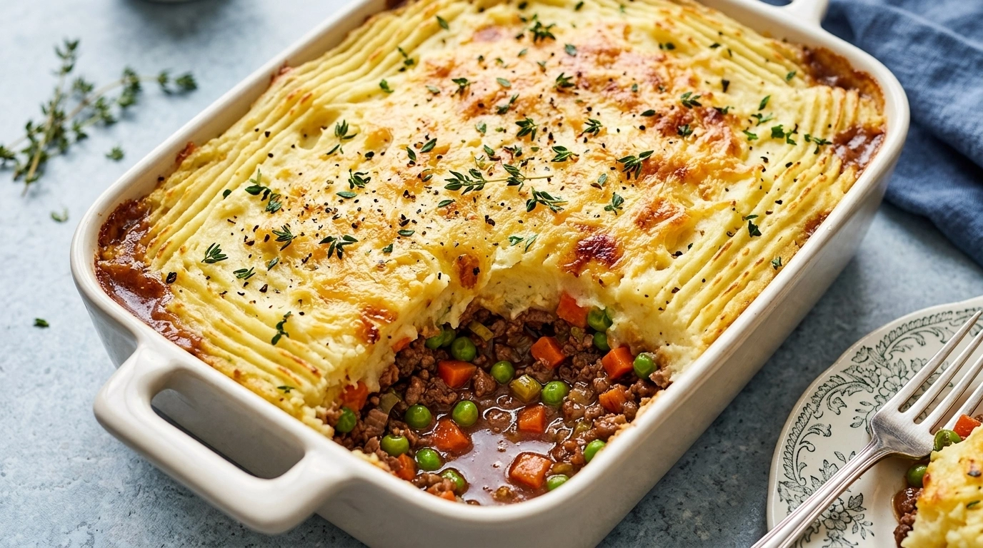 Vegetarisk shepherd's pie med linsfärs – Brittisk husman i ugnsform - traditionellt Engelskt Middag recept, perfekt till vardagsmiddag